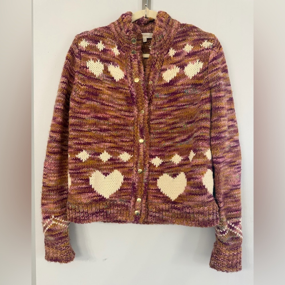 LoveShackFancy Women’s XS Pink Chunky Knit Hearts High Neck Snap Up Cardigan